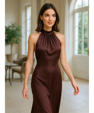 Vestido de Festa Longo Cetim Amarração Pescoço Gola Alta | Ioná