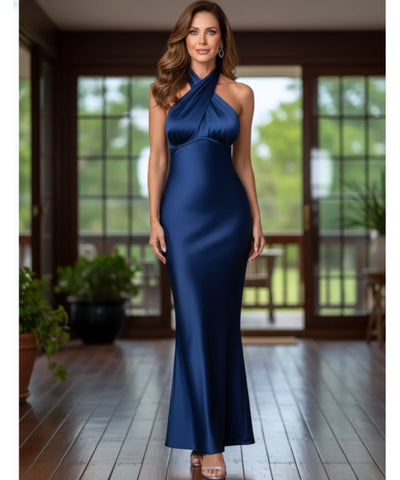 Comprar vestido de festa longo em cetim com decote halter e costas abertas com laço elegante para eventos noturnos e casamentos barato ANELLIMN