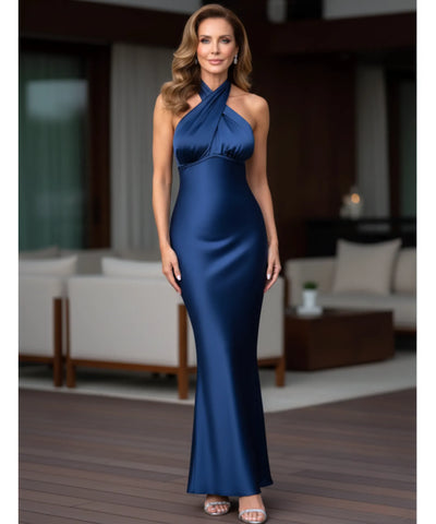 Comprar vestido de festa longo em cetim com decote halter e costas abertas com laço elegante para eventos noturnos e casamentos barato ANELLIMN