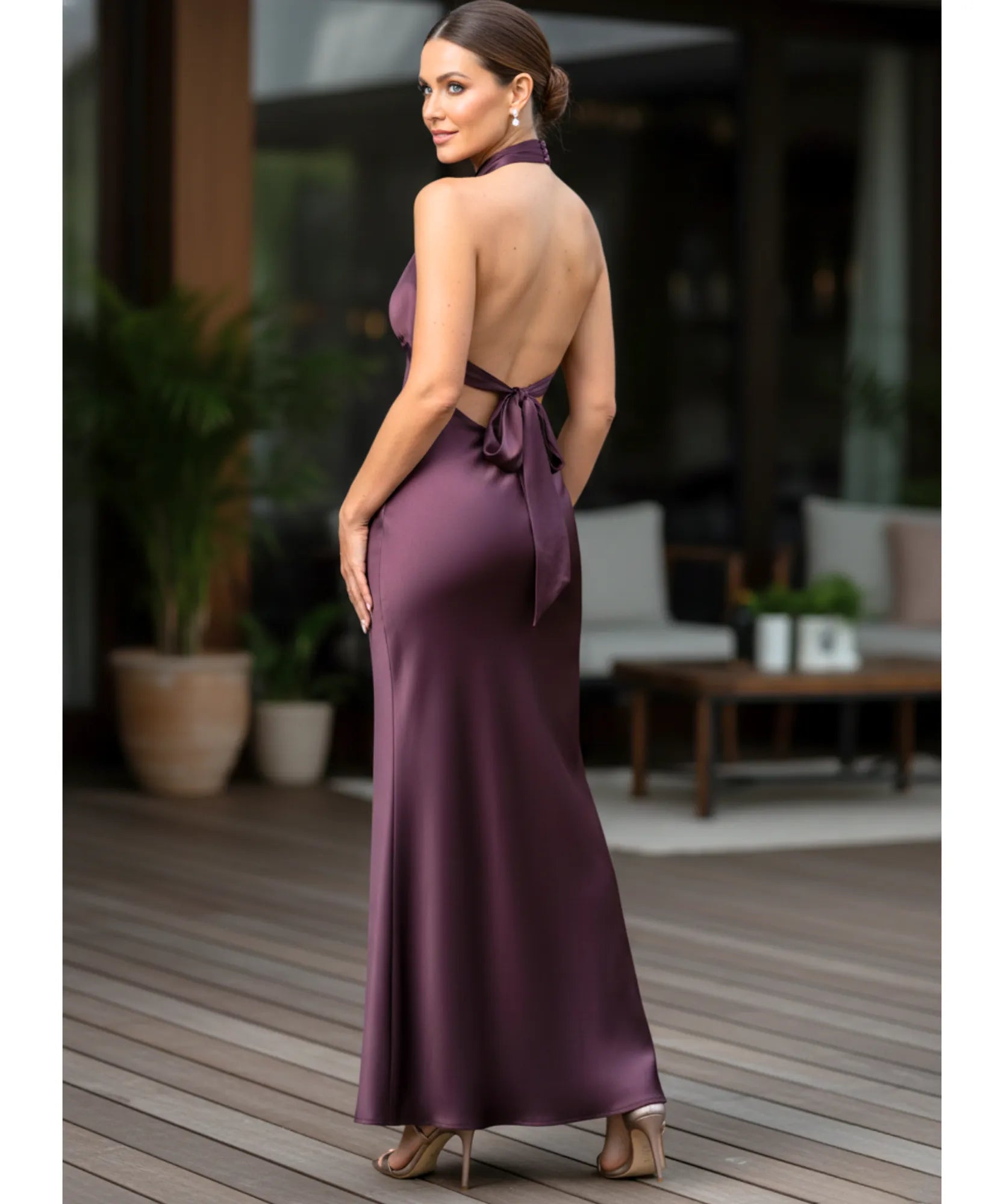 Comprar vestido de festa longo em cetim com decote halter e costas abertas com laço elegante para eventos noturnos e casamentos barato ANELLIMN