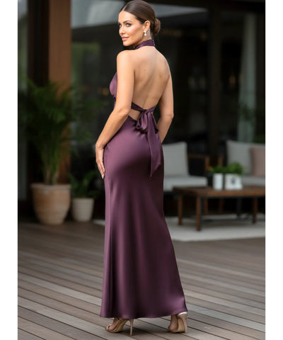 Comprar vestido de festa longo em cetim com decote halter e costas abertas com laço elegante para eventos noturnos e casamentos barato ANELLIMN