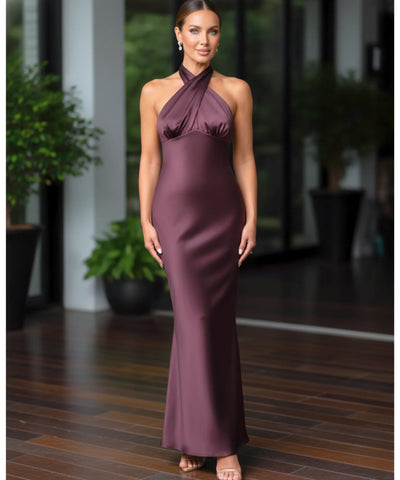 Comprar vestido de festa longo em cetim com decote halter e costas abertas com laço elegante para eventos noturnos e casamentos barato ANELLIMN