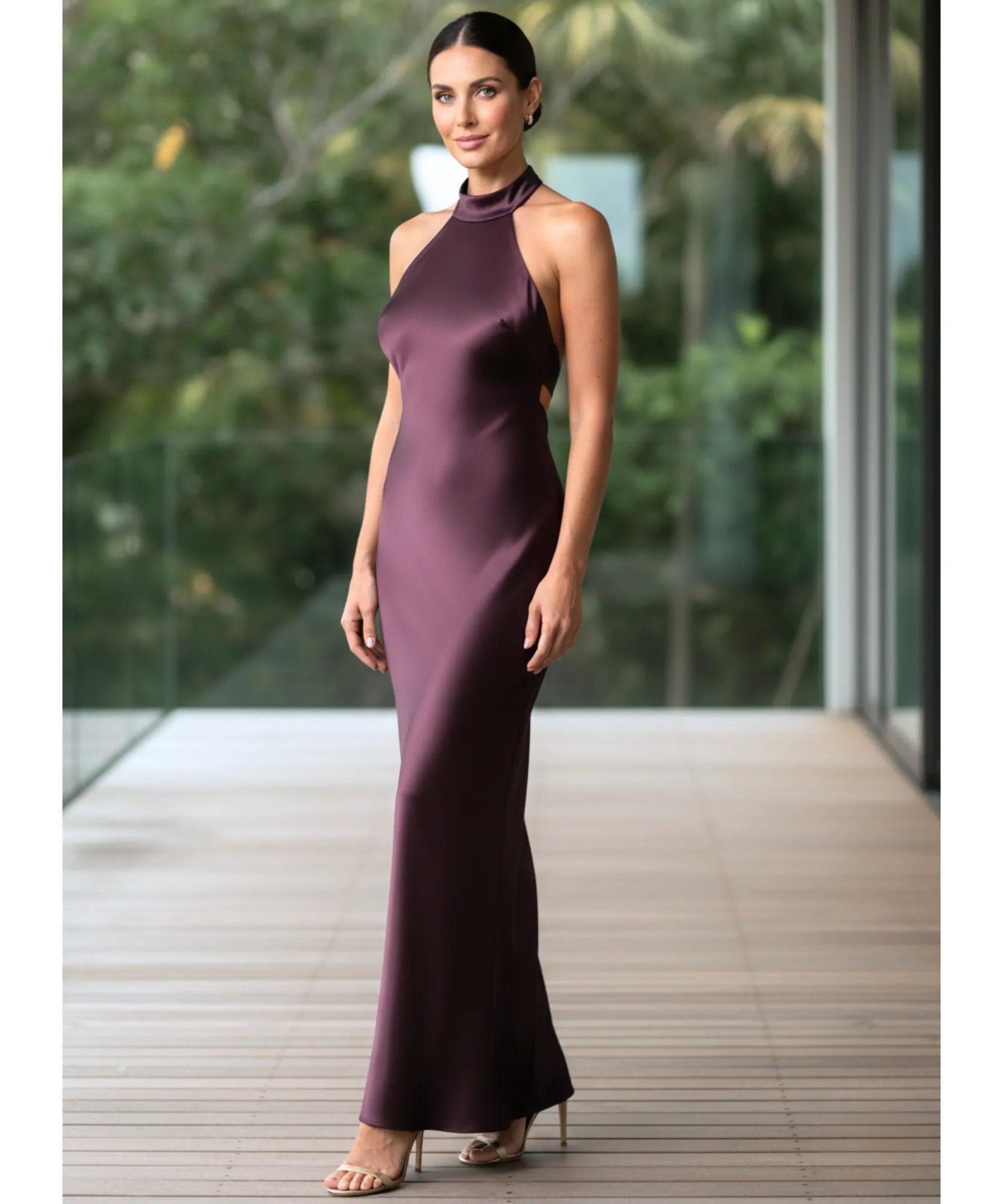 Comprar vestido de festa longo em cetim com decote halter e costas abertas com laço elegante para eventos noturnos e casamentos barato ANELLIMN