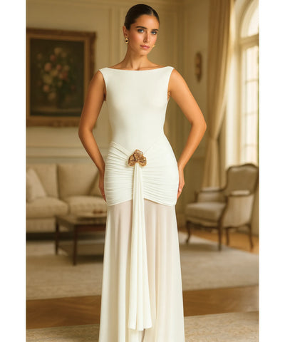 Comprar vestido festa longo elegante branco decote costas drapeado para formatura casamento madrinha barato LADY DRESS
