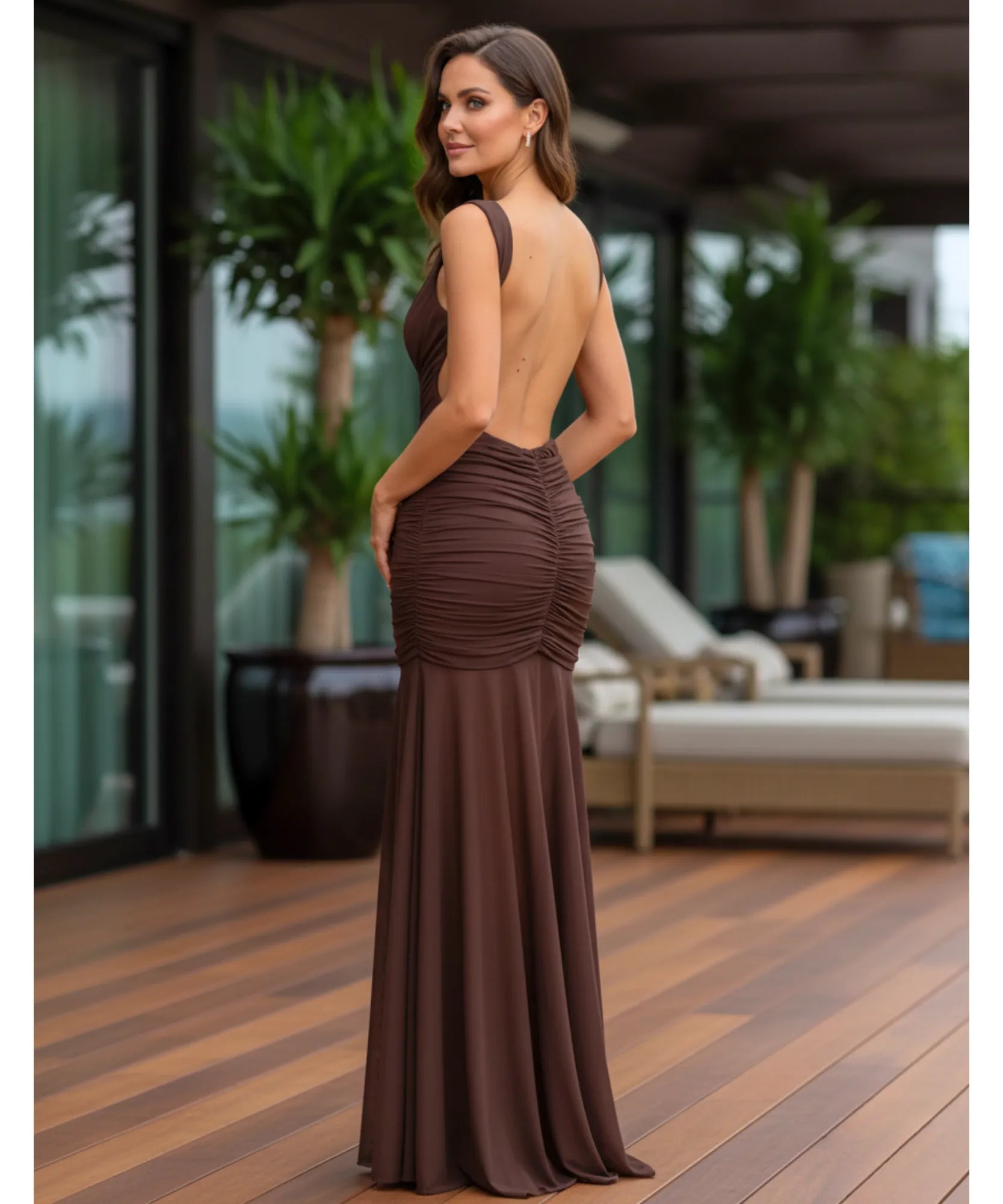 Comprar vestido festa longo elegante decote costas drapeado para formatura casamento madrinha barato LADY DRESS