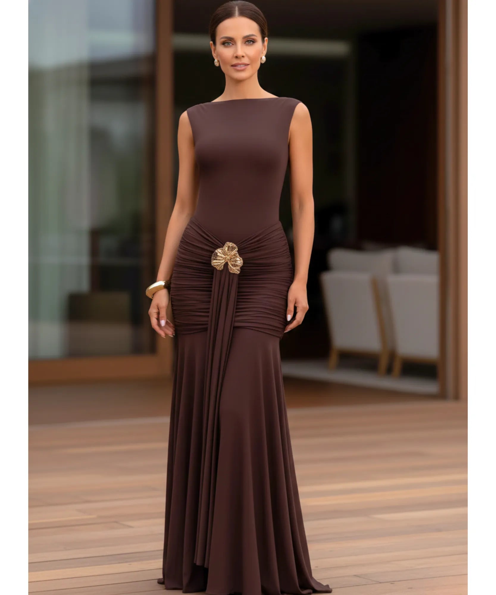 Comprar vestido festa longo elegante decote costas drapeado para formatura casamento madrinha barato LADY DRESS
