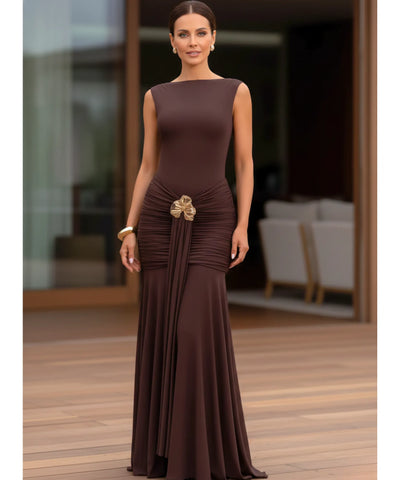 Comprar vestido festa longo elegante decote costas drapeado para formatura casamento madrinha barato LADY DRESS
