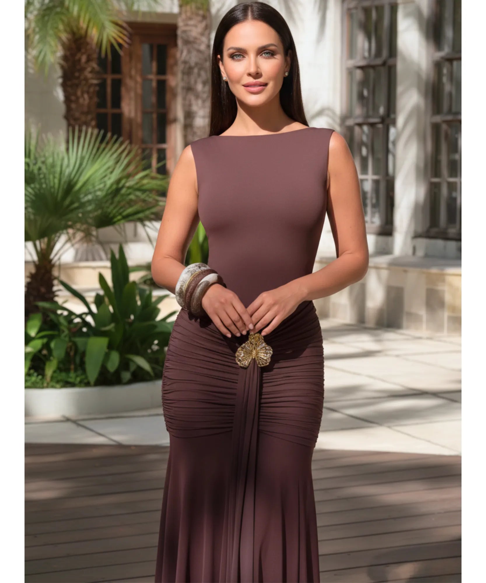 Comprar vestido festa longo elegante decote costas drapeado para formatura casamento madrinha barato LADY DRESS
