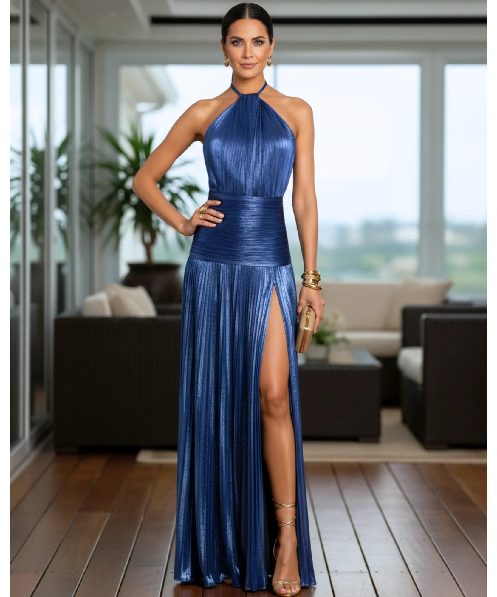Comprar vestido de festa longo frente única plissado fenda lateral para casamento madrinha barato em promoção LADY DRESS