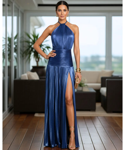 Comprar vestido de festa longo frente única plissado fenda lateral para casamento madrinha barato em promoção LADY DRESS