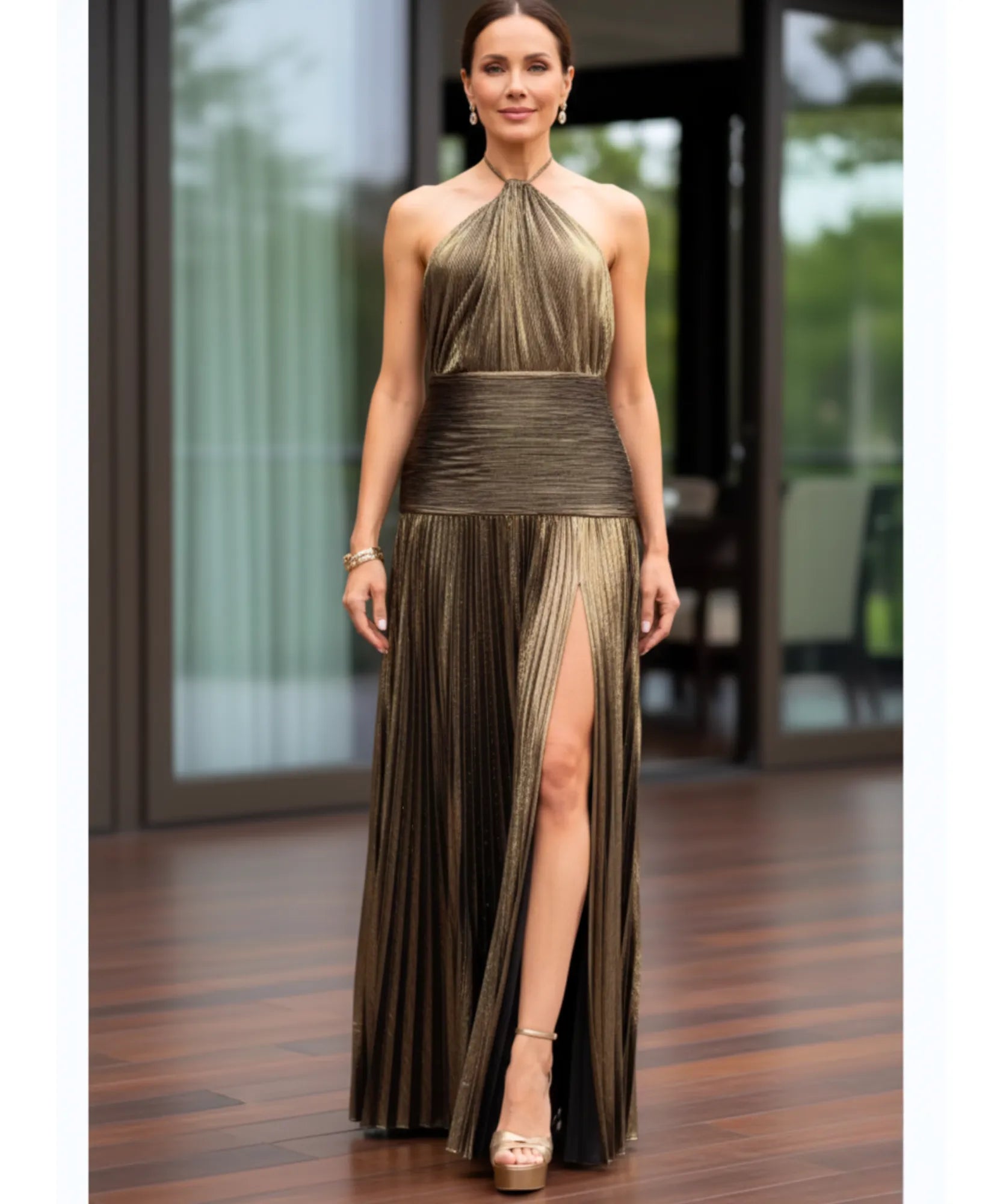 Comprar vestido de festa longo frente única plissado fenda lateral para casamento madrinha barato em promoção LADY DRESS