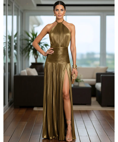 Comprar vestido de festa longo frente única plissado fenda lateral para casamento madrinha barato em promoção LADY DRESS