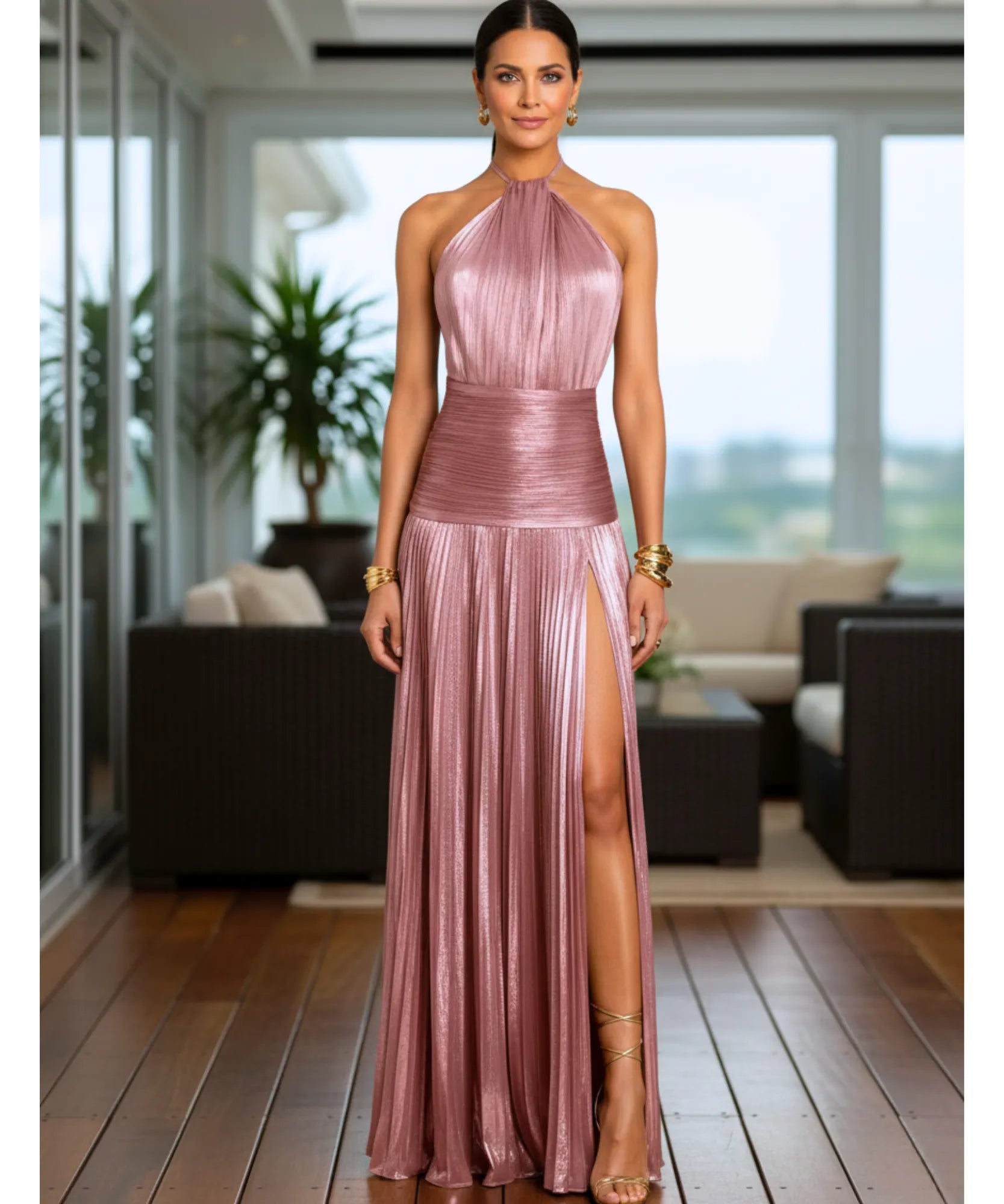 Comprar vestido de festa longo frente única plissado fenda lateral para casamento madrinha barato em promoção LADY DRESS