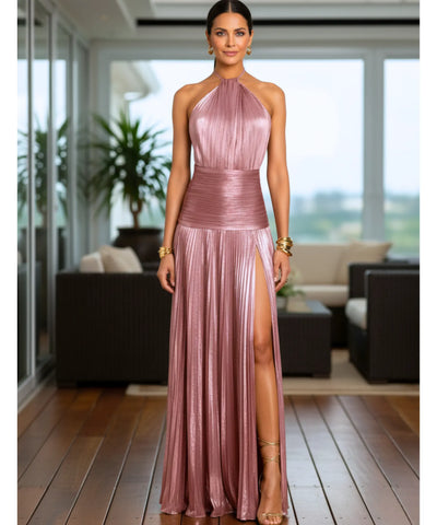 Comprar vestido de festa longo frente única plissado fenda lateral para casamento madrinha barato em promoção LADY DRESS