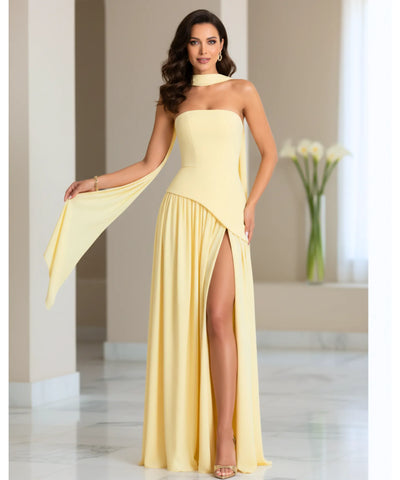 Comprar vestido de festa longo amarelo com gola choker e design assimétrico para casamentos formaturas e eventos especiais em promoção LADY DRESS
