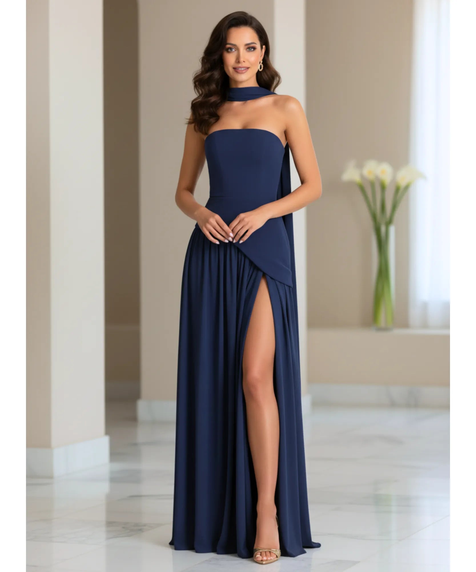 Comprar vestido de festa longo vinho com gola choker e design assimétrico para casamentos formaturas e eventos especiais em promoção LADY DRESS

