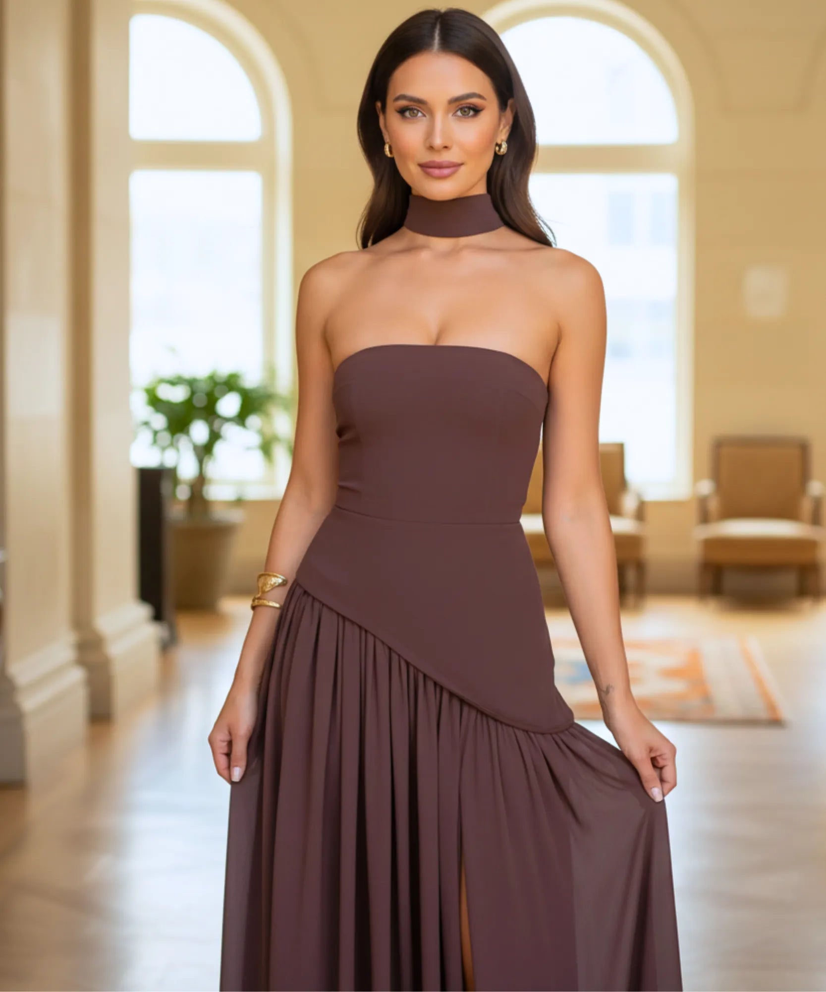 
Comprar vestido de festa longo marrom com gola choker e design assimétrico para casamentos formaturas e eventos especiais em promoção LADY DRESS

