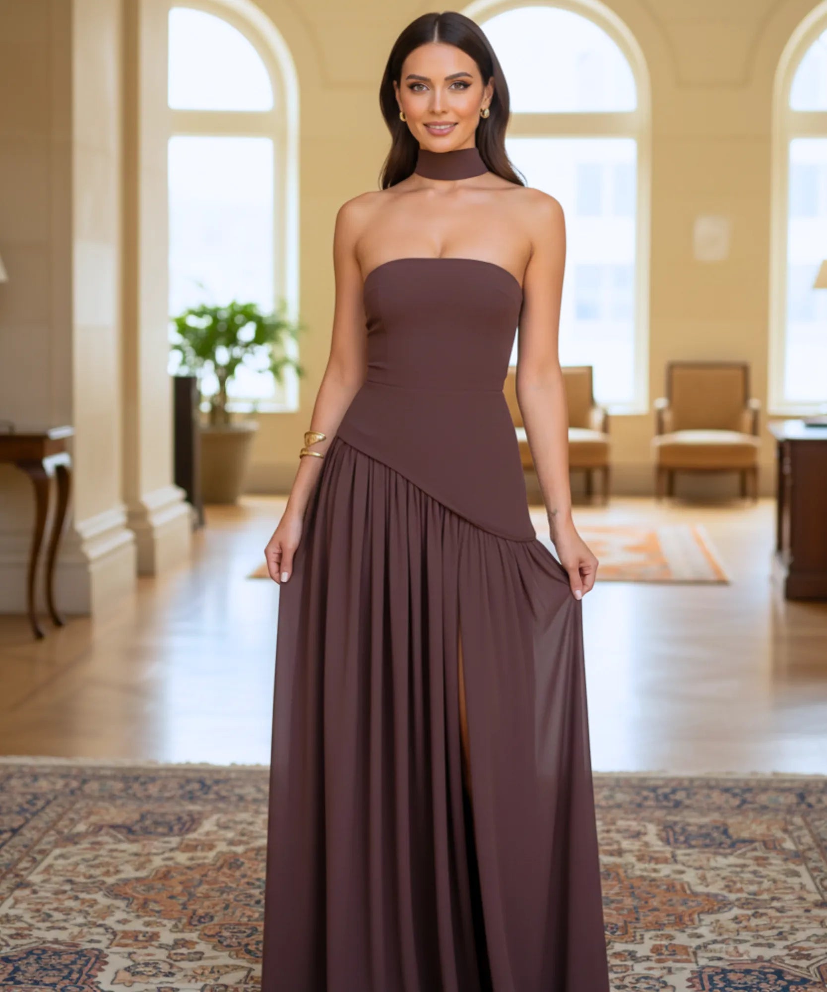 
Comprar vestido de festa longo marrom com gola choker e design assimétrico para casamentos formaturas e eventos especiais em promoção LADY DRESS
