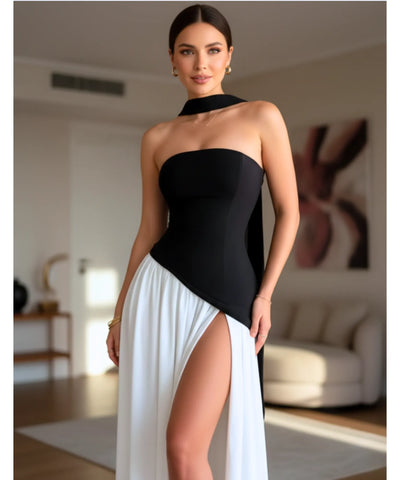 Vestido de Festa Longo Gola Choker Fenda Assimétrico Madrinha | Mier