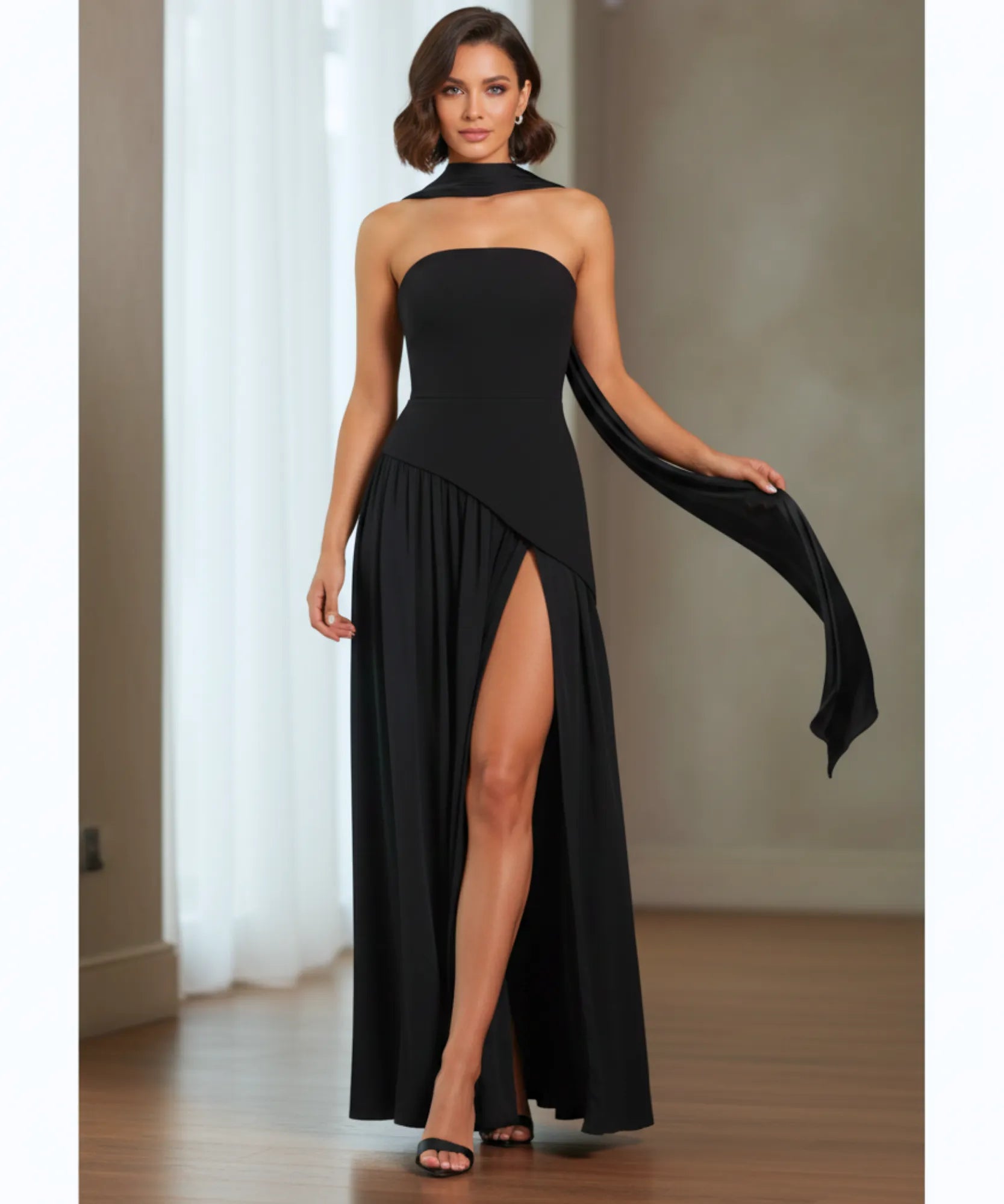 Comprar vestido de festa longo preto com gola choker e design assimétrico para casamentos formaturas e eventos especiais em promoção LADY DRESS
