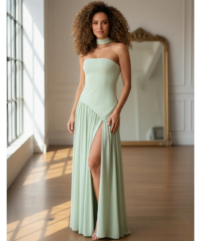 Comprar vestido de festa longo verde com gola choker e design assimétrico para casamentos formaturas e eventos especiais em promoção LADY DRESS
