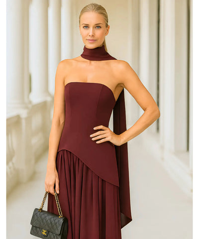 Vestido de Festa Longo Gola Choker Fenda Assimétrico Madrinha | Mier