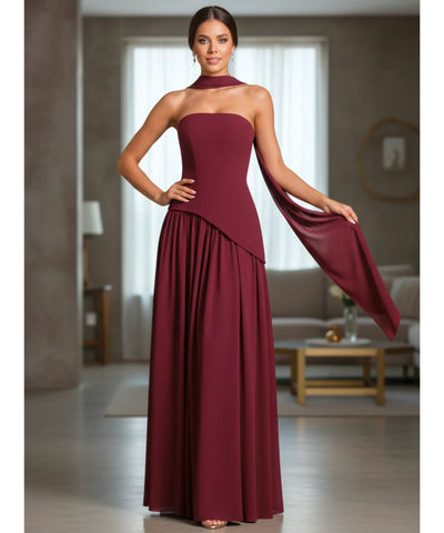 
Comprar vestido de festa longo vinho  com gola choker e design assimétrico para casamentos formaturas e eventos especiais em promoção LADY DRESS
