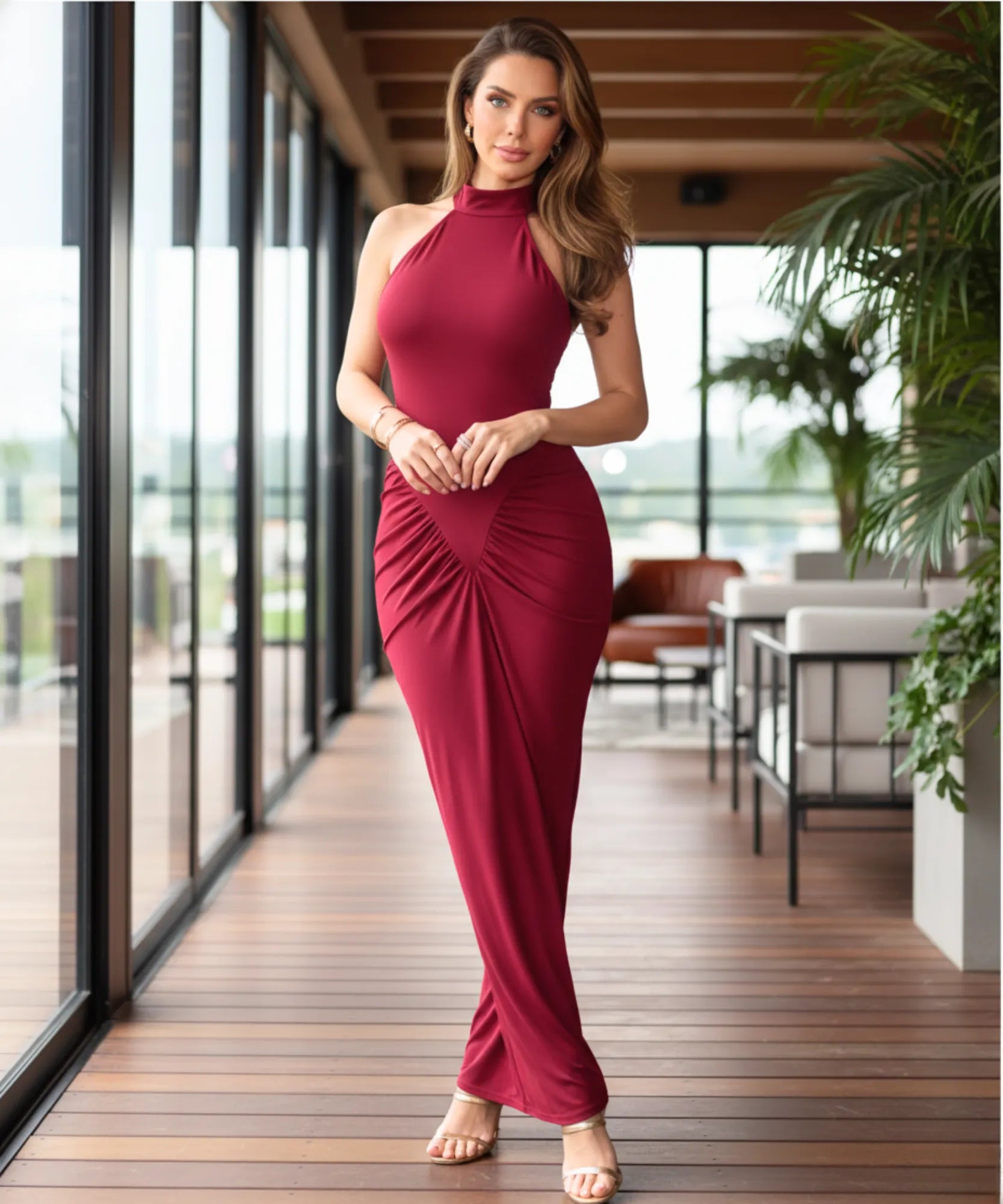 Comprar Vestido de Festa Longo Madrinhas Halter Neck Malha Premium com Fenda Elegante em promoção ZARA