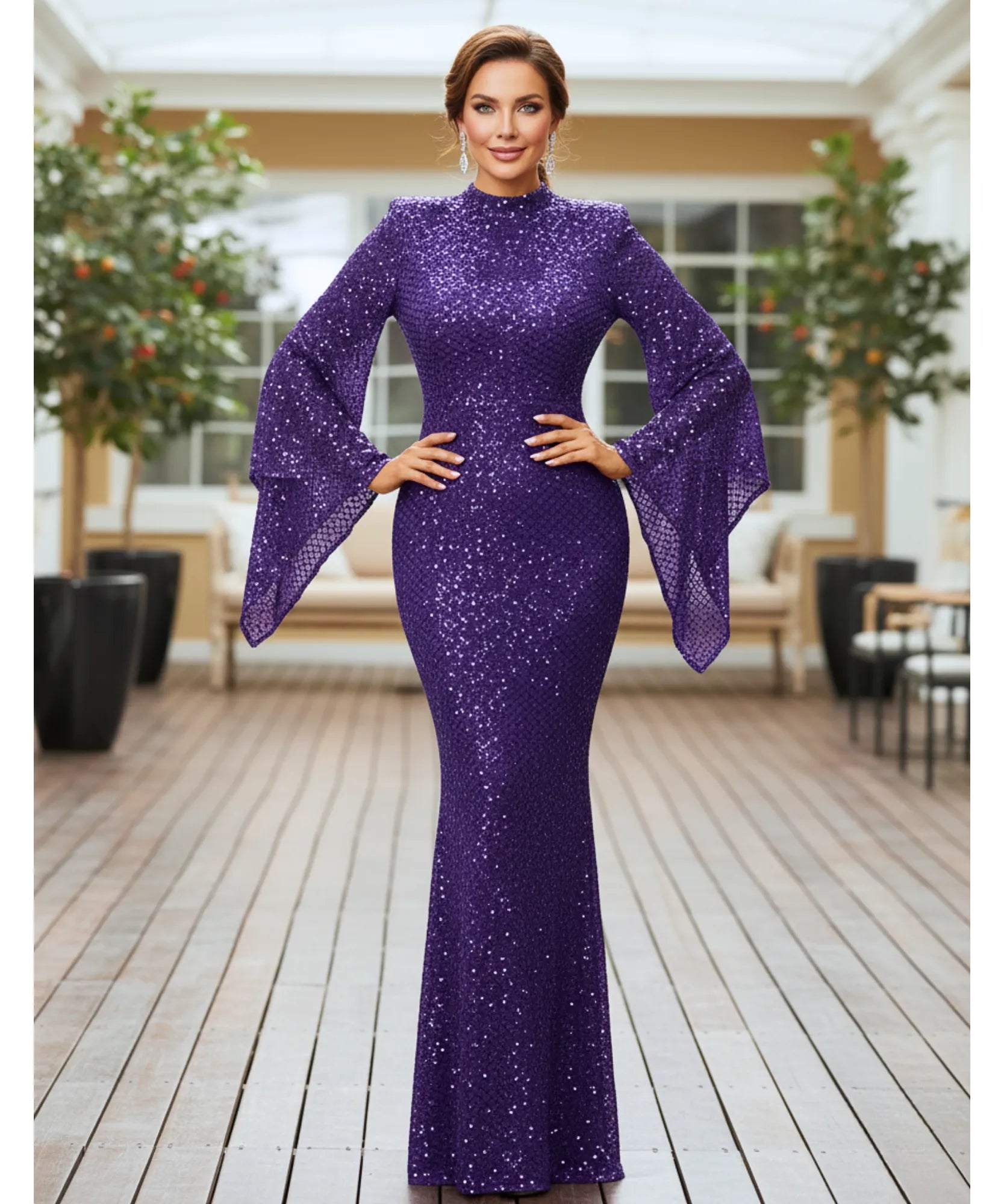 Comprar vestido festa longo paetê gola média manga cape casamento formatura madrinha convidada elegante barato promoção LADYDRESS