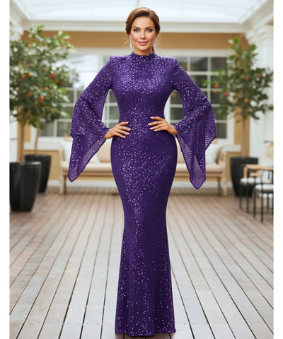 Comprar vestido festa longo paetê gola média manga cape casamento formatura madrinha convidada elegante barato promoção LADYDRESS