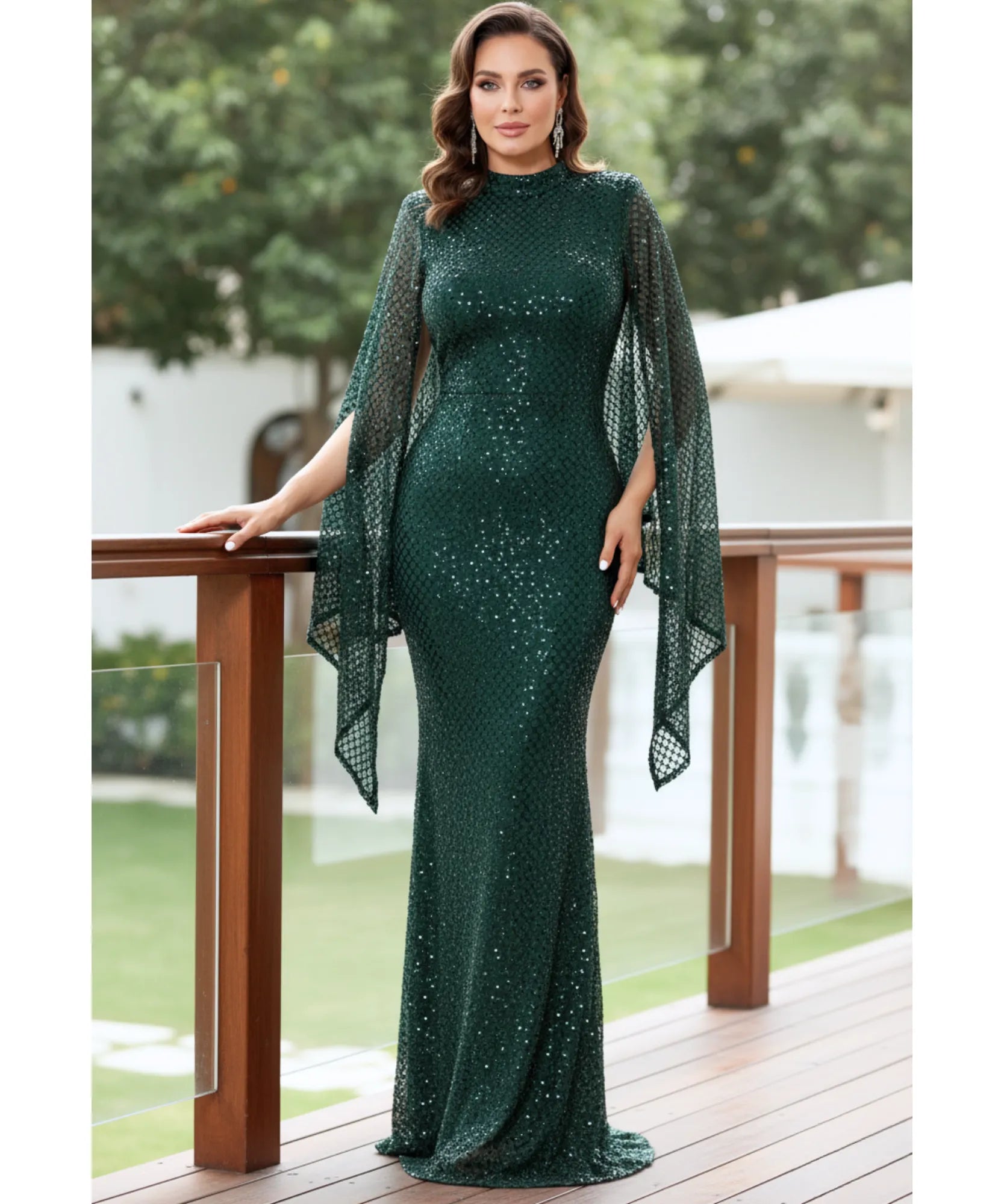 Comprar vestido festa longo paetê gola média manga cape casamento formatura madrinha convidada elegante barato promoção LADYDRESS