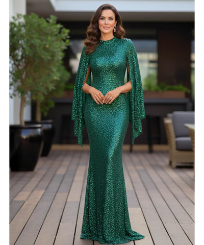 Comprar vestido festa longo paetê gola média manga cape casamento formatura madrinha convidada elegante barato promoção LADYDRESS
