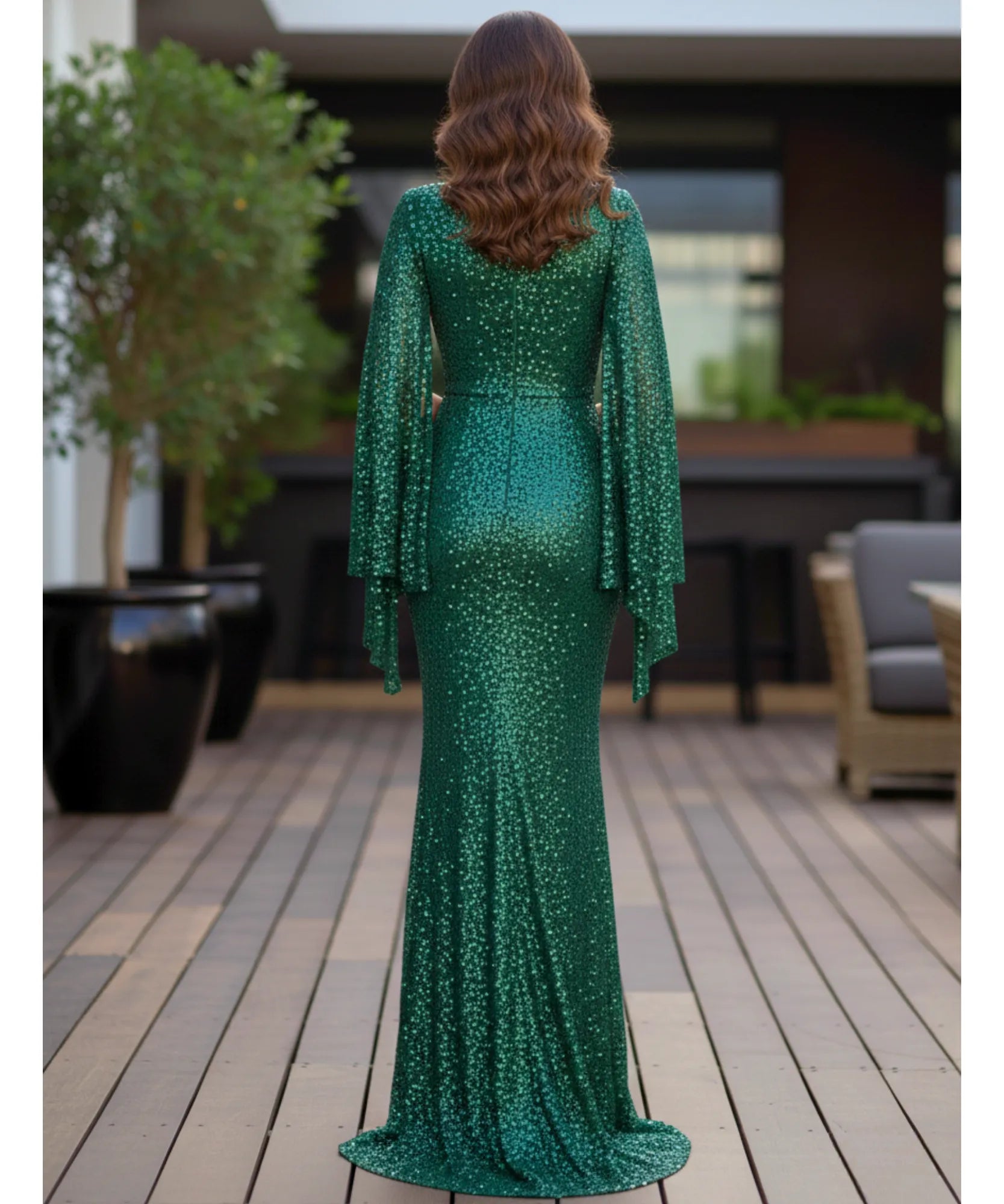 Comprar vestido festa longo paetê gola média manga cape casamento formatura madrinha convidada elegante barato promoção LADYDRESS
