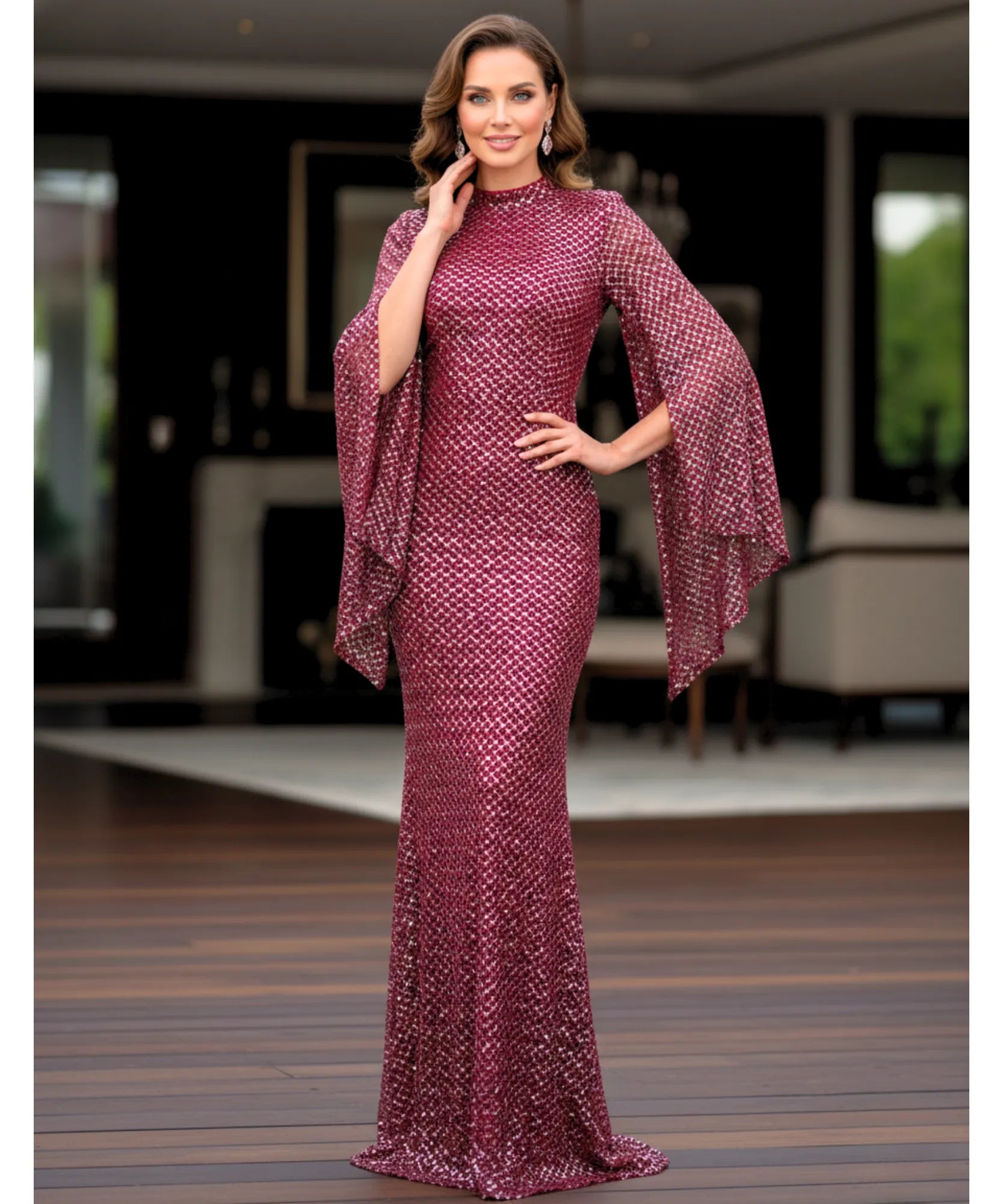 Comprar vestido festa longo paetê gola média manga cape casamento formatura madrinha convidada elegante barato promoção LADYDRESS