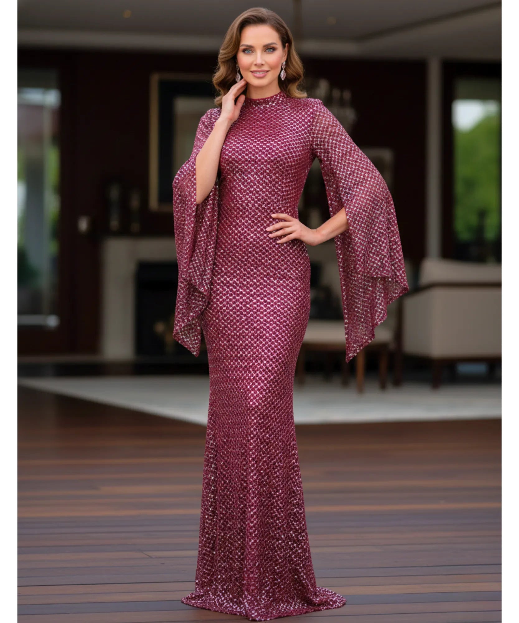 Comprar vestido festa longo paetê gola média manga cape casamento formatura madrinha convidada elegante barato promoção LADYDRESS