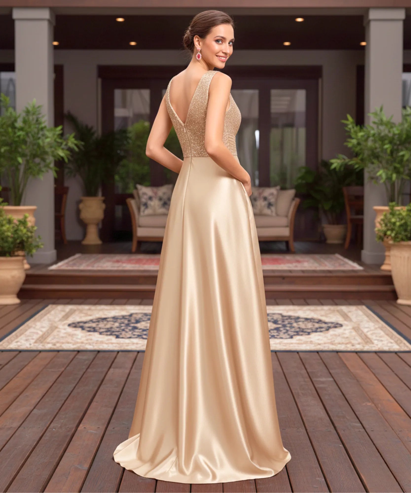 Comprar vestido festa longo paetês cetim decote V bolsos para casamento formatura madrinha barato em promoção LADY DRESS