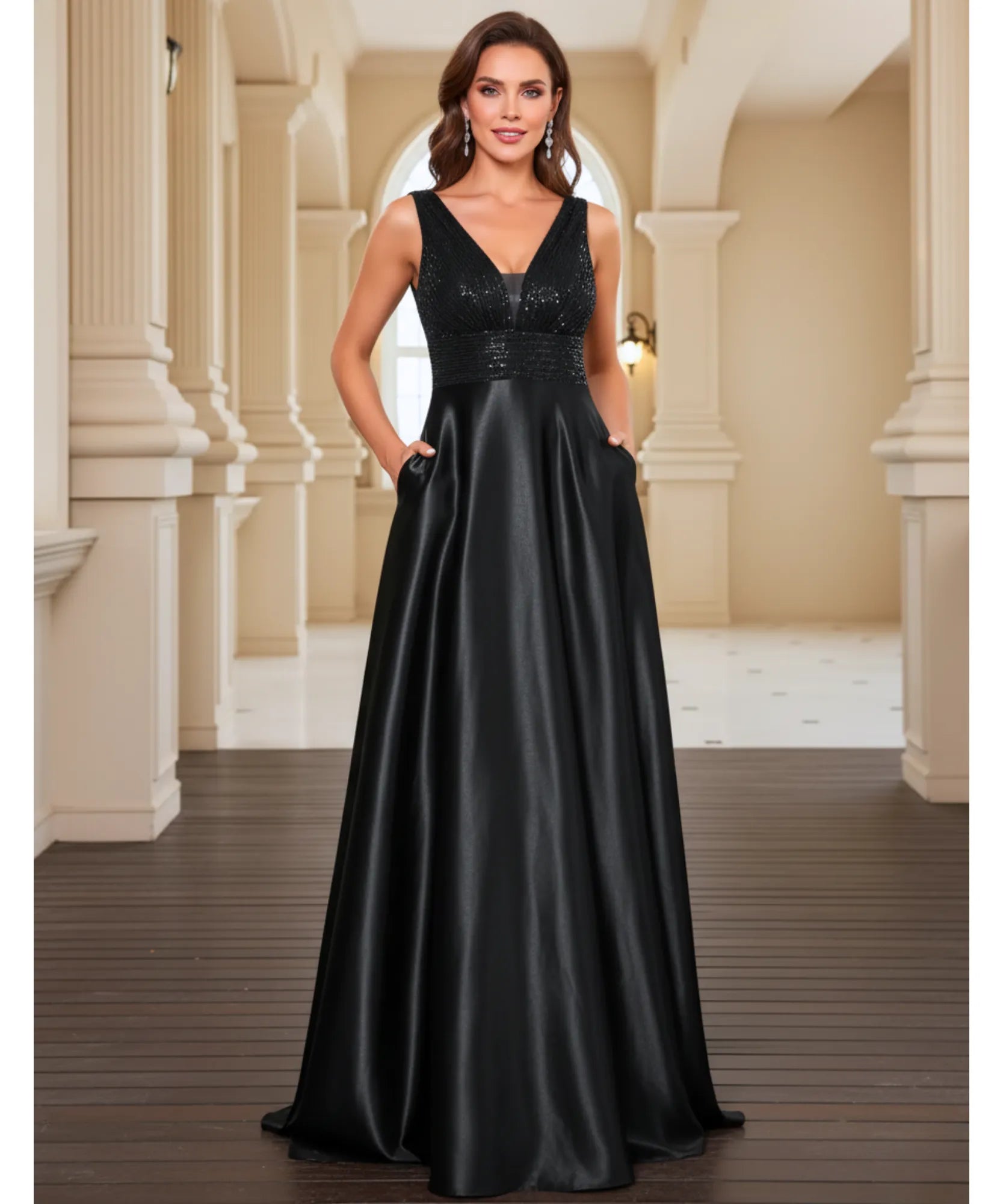 Comprar vestido festa longo paetês cetim decote V bolsos para casamento formatura madrinha barato em promoção LADY DRESS