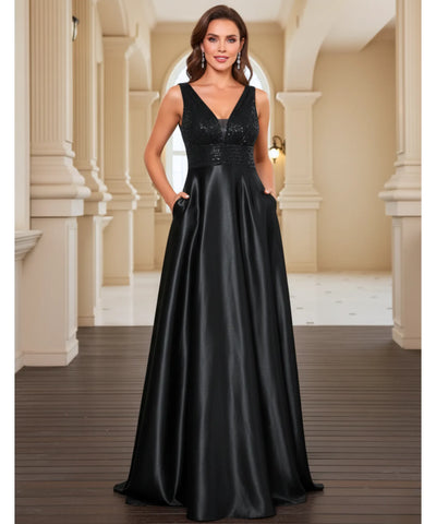 Comprar vestido festa longo paetês cetim decote V bolsos para casamento formatura madrinha barato em promoção LADY DRESS