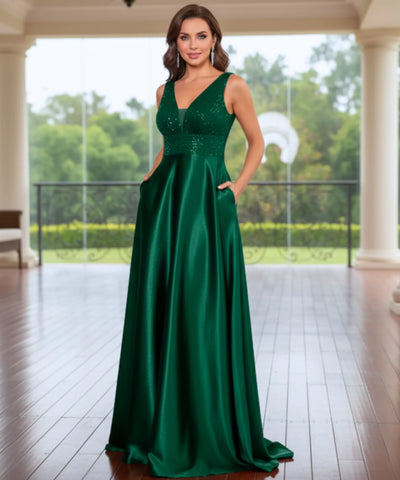 Comprar vestido festa longo paetês cetim decote V bolsos para casamento formatura madrinha barato em promoção LADY DRESS