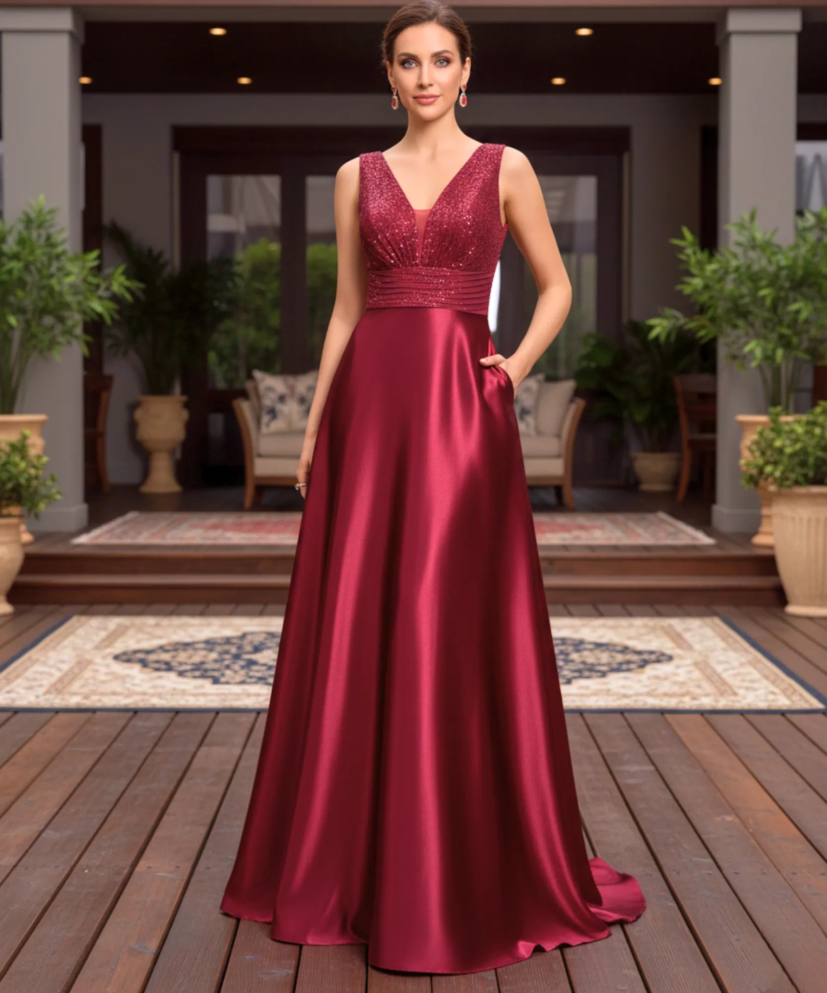 Comprar vestido festa longo paetês cetim decote V bolsos para casamento formatura madrinha barato em promoção LADY DRESS