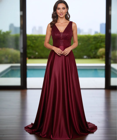 Comprar vestido festa longo paetês cetim decote V bolsos para casamento formatura madrinha barato em promoção LADY DRESS