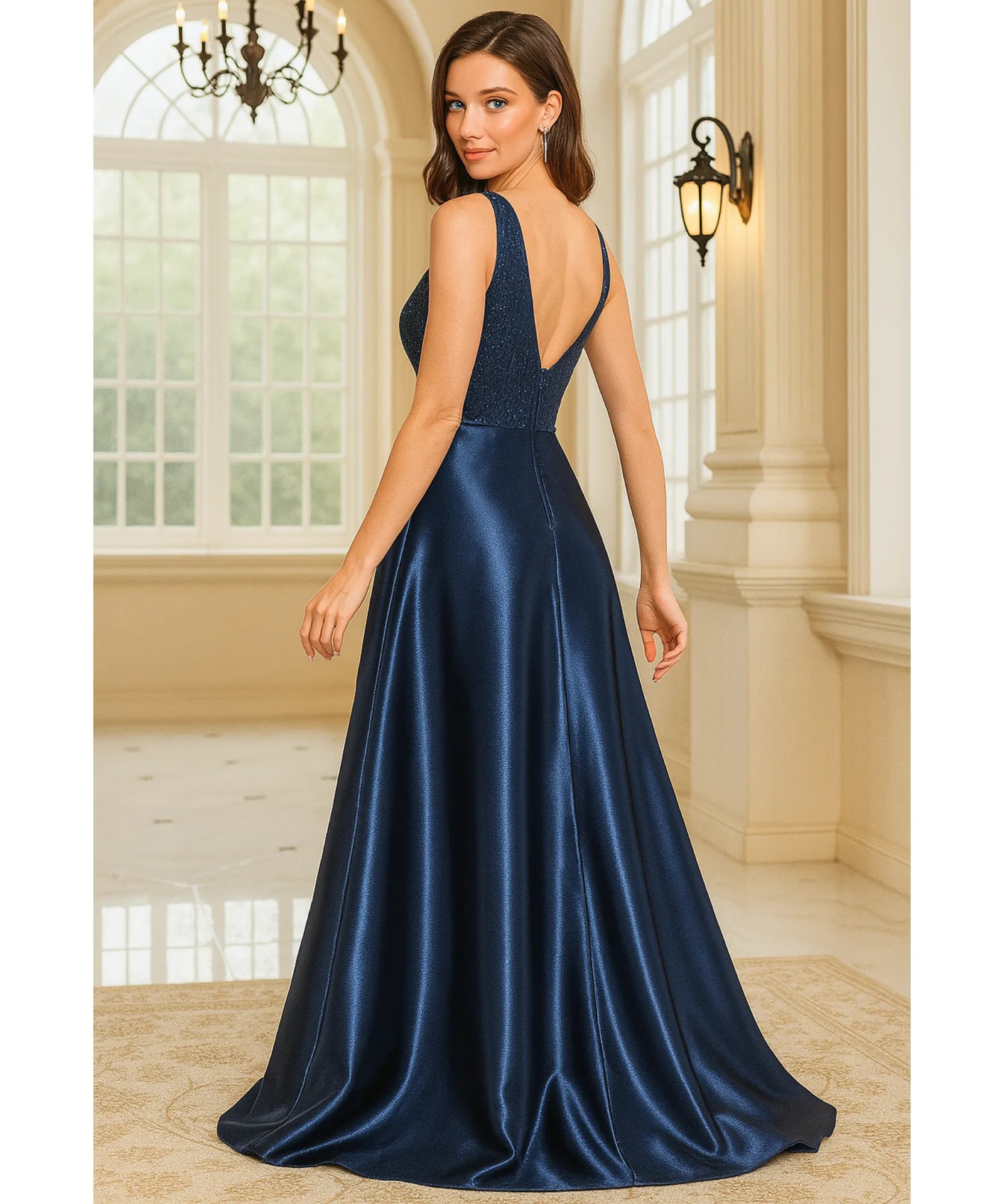 Comprar vestido festa longo paetês cetim azul marinho decote V bolsos para casamento formatura madrinha barato em promoção LADY DRESS
