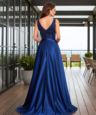 Comprar vestido festa longo paetês cetim decote V bolsos para casamento formatura madrinha barato em promoção LADY DRESS