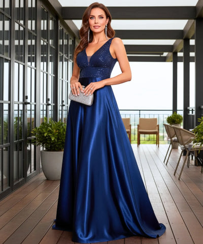 Comprar vestido festa longo paetês cetim decote V bolsos para casamento formatura madrinha barato em promoção LADY DRESS