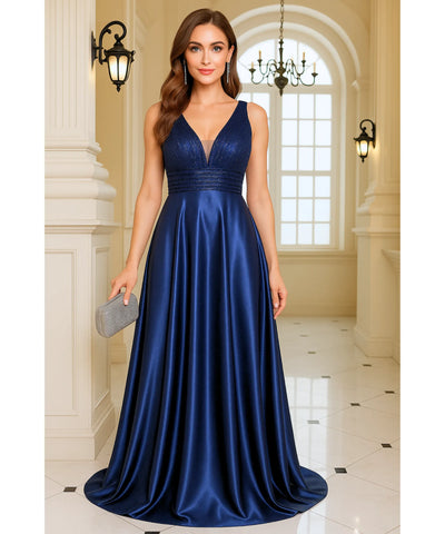Comprar vestido festa longo paetês cetim azul marinho decote V bolsos para casamento formatura madrinha barato em promoção LADY DRESS
