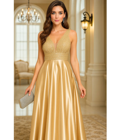 Vestido Festa Longo Paetês Cetim Decote V Elegante Madrinha | Kalil