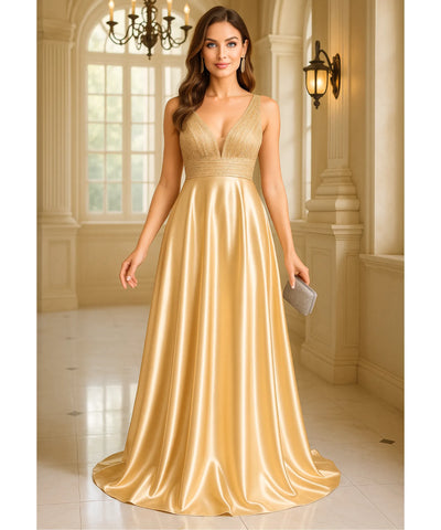 Vestido Festa Longo Paetês Cetim Decote V Elegante Madrinha | Kalil