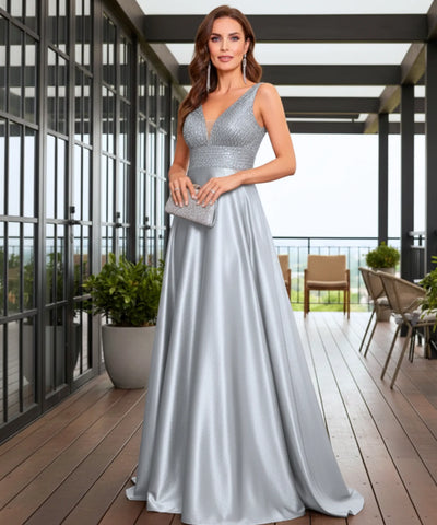 Comprar vestido festa longo paetês cetim decote V bolsos para casamento formatura madrinha barato em promoção LADY DRESS