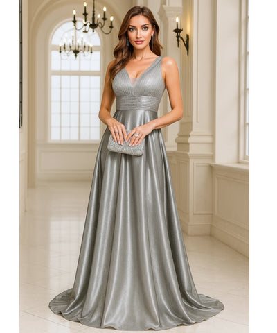 Comprar vestido festa longo paetês cetim cinza prata decote V bolsos para casamento formatura madrinha barato em promoção LADY DRESS
