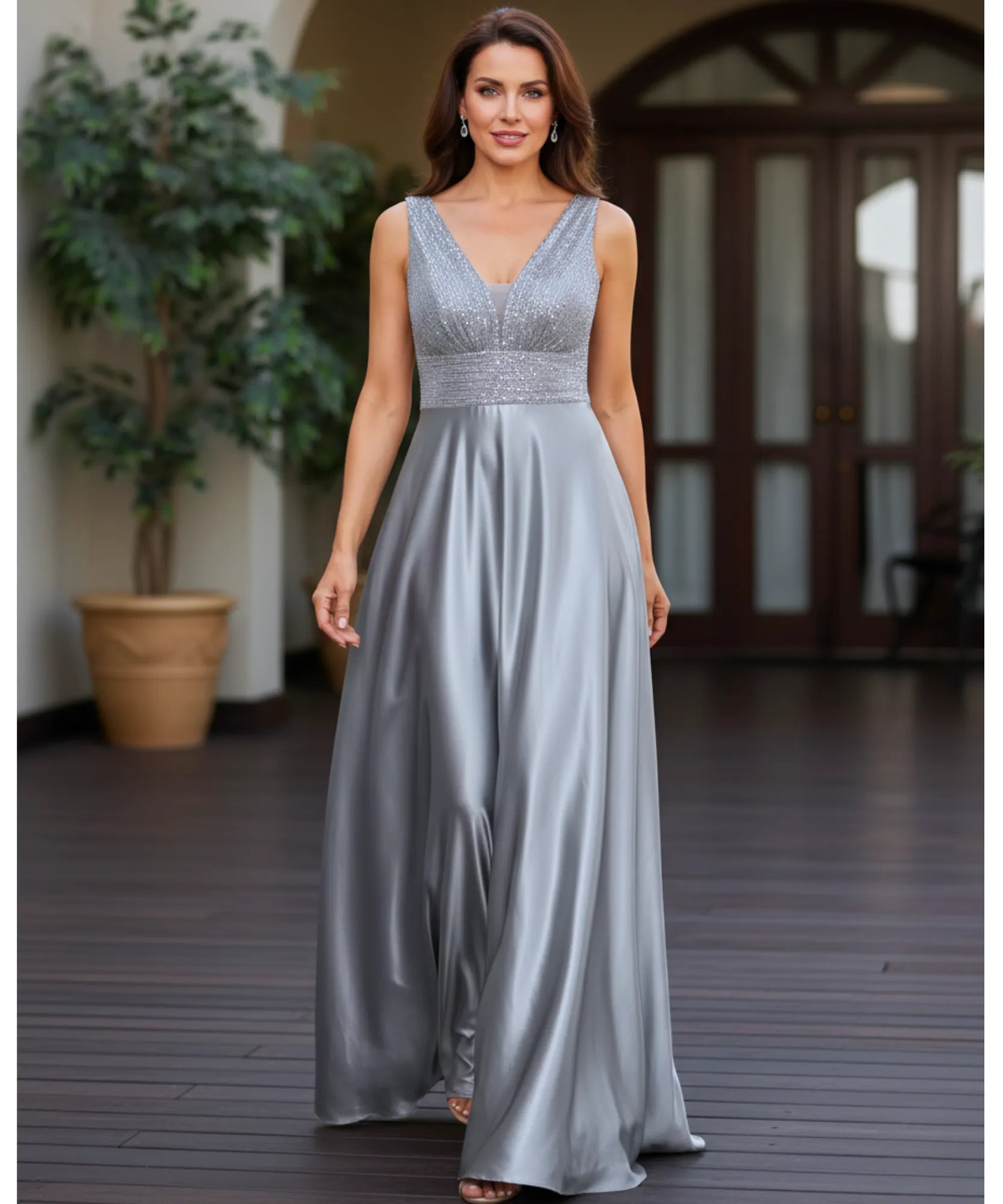 Comprar vestido festa longo paetês cetim decote V bolsos para casamento formatura madrinha barato em promoção LADY DRESS